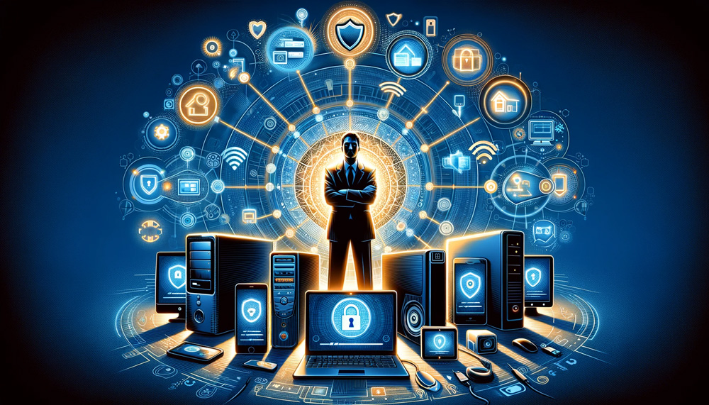 Illustration of proud person surrounded by secured devices